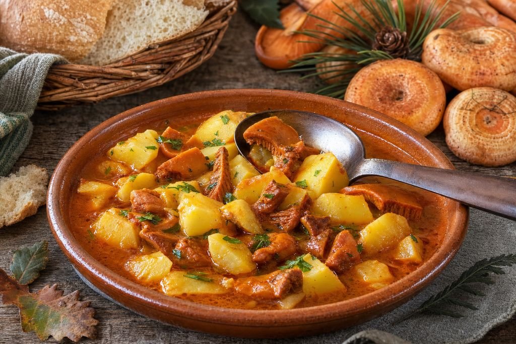 Patatas con níscalos sorianas como imagen principal del artículo Llovió, y el pinar de Soria pasó de un septiembre seco a repartir