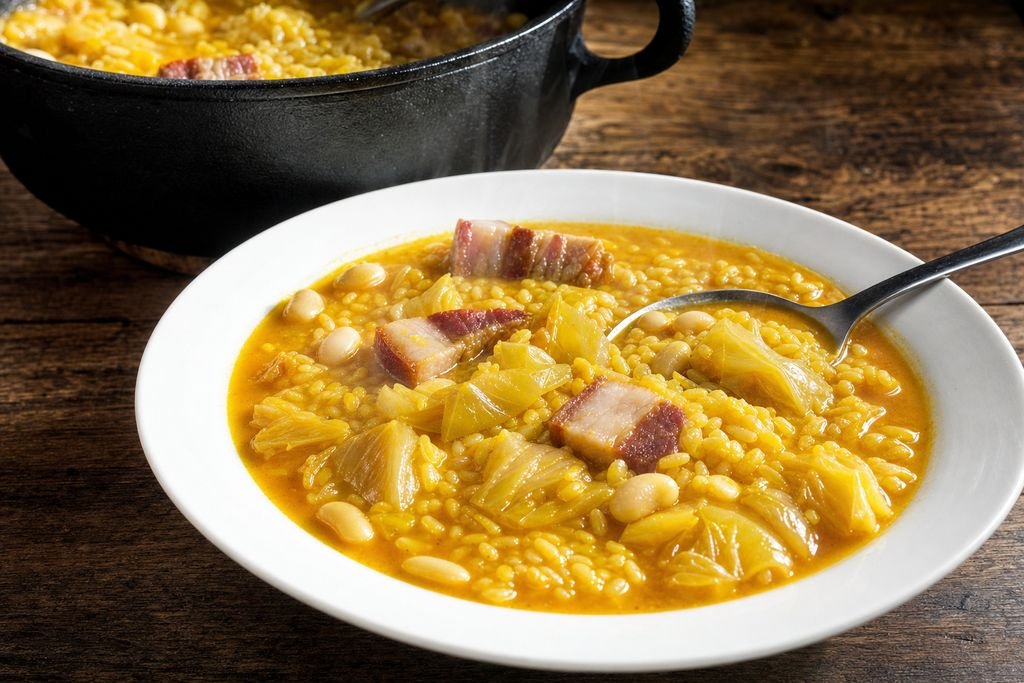 Arròs, col i fesols del Delta de l'Ebre servido como receta comarcal: delta de l'ebre, tarragona
