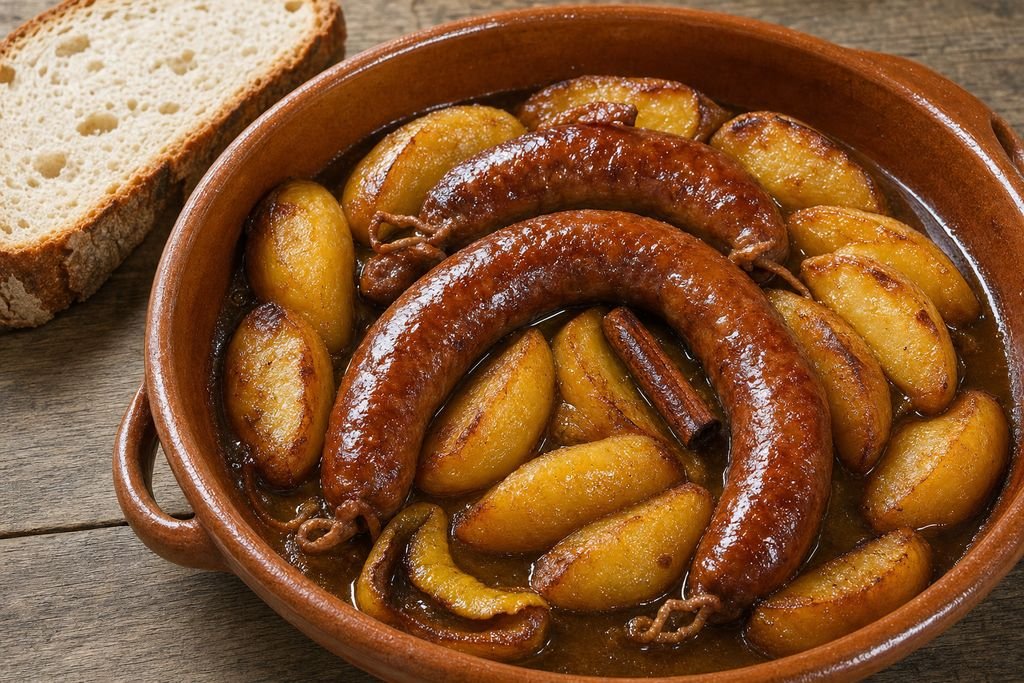 Botifarra dolça amb poma de l'Empordà servido como receta comarcal: empordà, girona